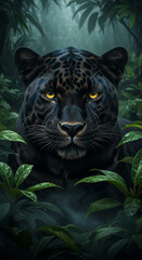 Obraz premium Portrait of black panther with yellow eyes among foliage, emphasizing wild animal strength, agility, and a connection to untamed wilderness