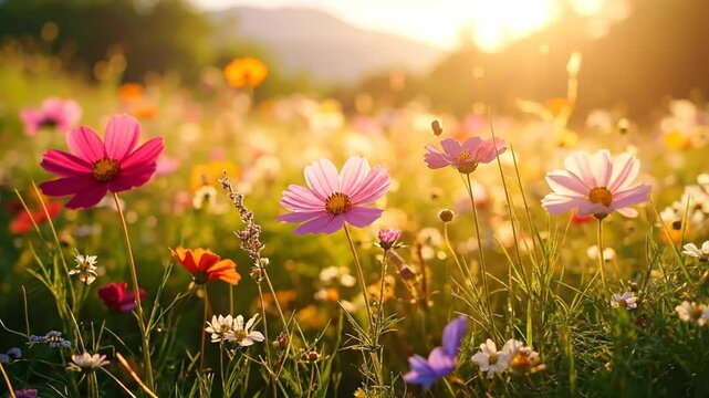 A vibrant field of colorful wildflowers bathed in warm sunlight, creating a serene natural background.