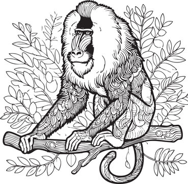 blackwhite ,colorbook, ilustrasion, drwaing, mongkey