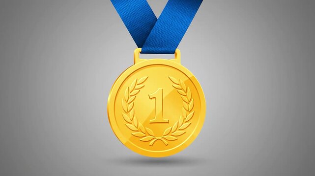 Shiny first place gold medal award hanging from a detailed blue ribbon symbolizing victory achievement and sporting competition success on a gray background