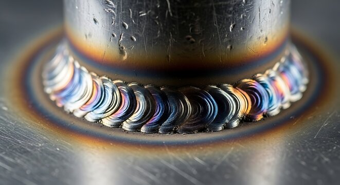 Close-up view of a perfectly executed TIG weld bead on a metal pipe, showcasing colorful heat tinting and a smooth finish.