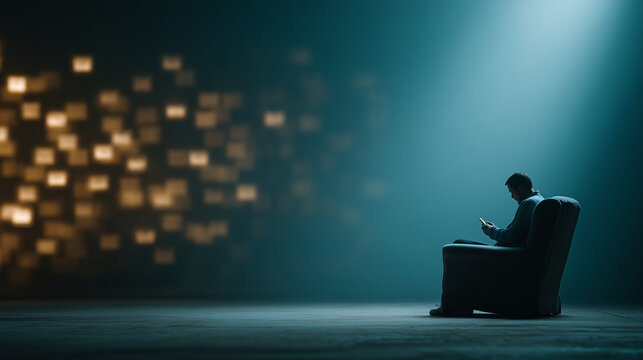 Digital solitude: A lone figure sits in a chair, engrossed in a device, symbolizing the intersection of technology and human experience. Captured in a mysterious atmosphere.