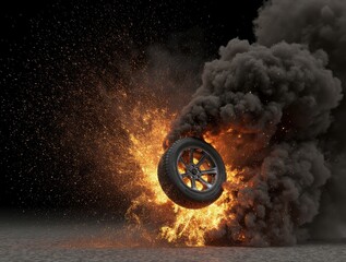 Burning car wheel exploding with flames and dark smoke