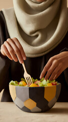 Woman enjoying healthy salad with wooden fork in cozy setting