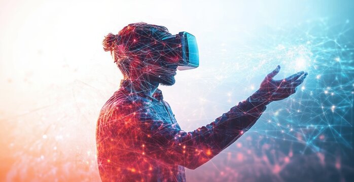 Silhouette of person wearing virtual reality headset reaching into a glowing red and blue digital network, immersive wonder and exploration