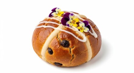 Delicious Round Pastry with Icing and Edible Flowers