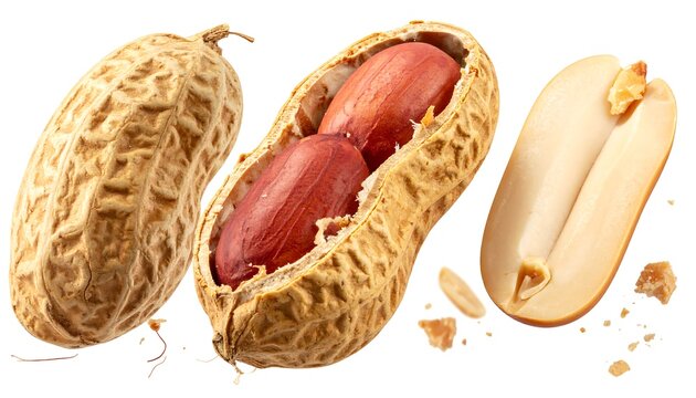 Peanut Trio - Whole, Shelled, and Halved on White.