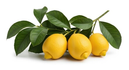 Bright Lemons with Green Leaves on White Background
