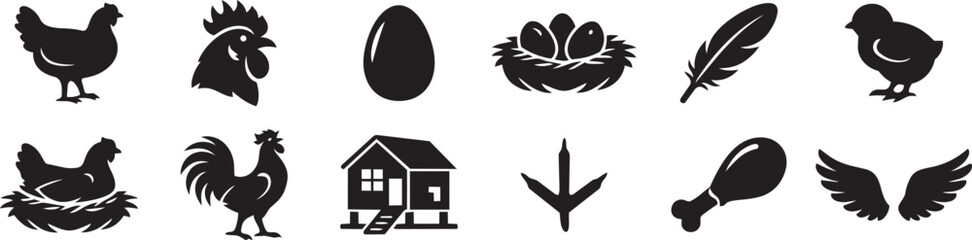 Chicken and Poultry Farm Icons Set – 12 Black Silhouette Symbols on White © Mediasegment