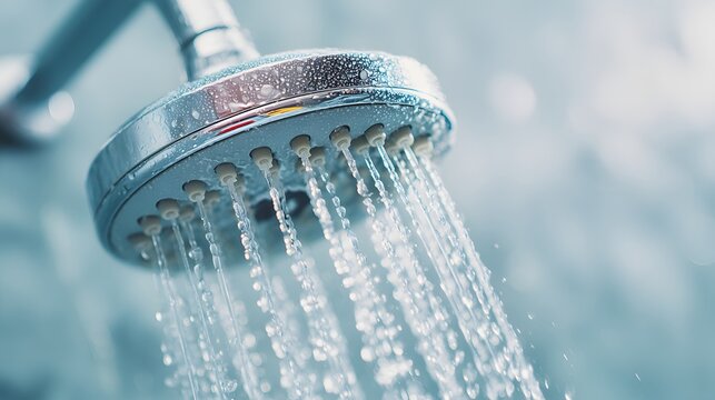 A shower head is spraying water in a shower