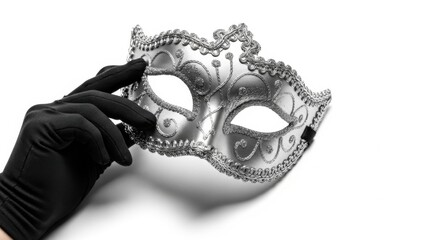 Elegant Silver Mask Held by Gloved Hand in White Studio