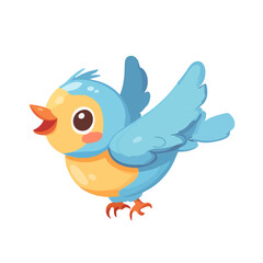 Cute flying blue bird vector illustration. Happy cartoon songbird with spread wings and yellow belly isolated on white. Sweet character for kids.