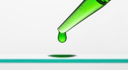 Green Dropper Pipette Dripping Into Glass Surface