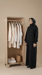 Woman in black abaya standing beside minimalist wardrobe