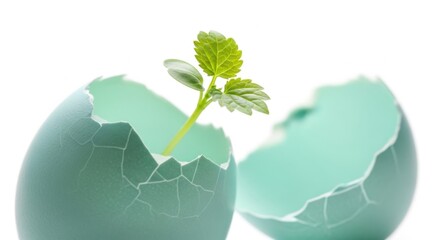 Fresh Green Seedling Growing Between Cracked Blue Eggshells