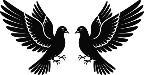 Obraz premium Two Black Dove Silhouettes Facing Each Other with Spread Wings, Symmetrical Vector Illustration Isolated on White Background for Love, Peace, Tattoo Design