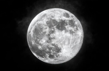 Fototapeta premium detailed full moon with bright craters, radiant surface and subtle smoky halo against a deep dark sky, evoking calm awe and quiet wonder