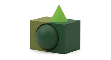 Geometric Green Block with Dark Green Sphere and Bright Green Cone