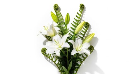 White Lily Bouquet with Green Ferns in Bright Studio