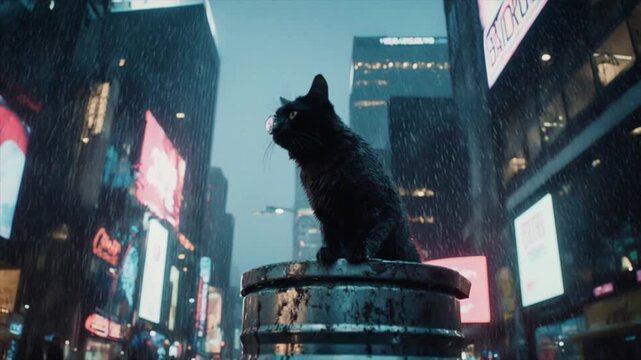 路地裏のサイバー猫と雨の動画