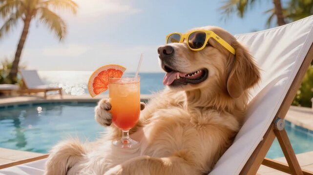 Golden retriever wearing bright sunglasses lounges on deck chair beside swimming pool holding colorful cocktail with grapefruit slice and straw. Humorous summer vacation concept 