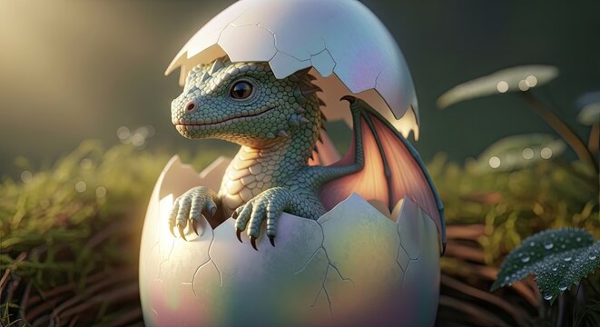 Easter day fantasy dragon hatching from egg in springtime