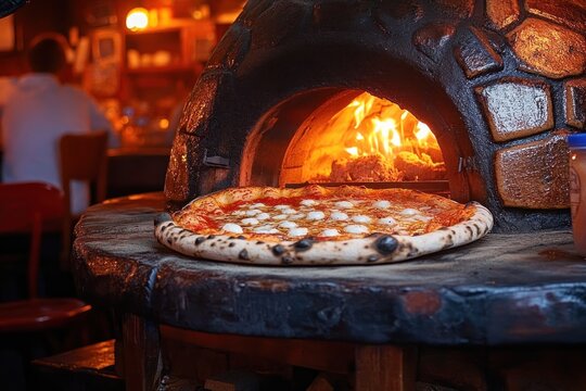 fresh cheese and tomato pizza on the stone mouth of a wood-fired oven with glowing flames, warm cozy rustic pizzeria interior and blurred diners in background