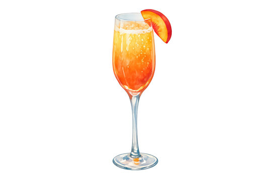 Bellini cocktail watercolor illustration with peach slice garnish, sparkling orange drink, refreshing summer beverage