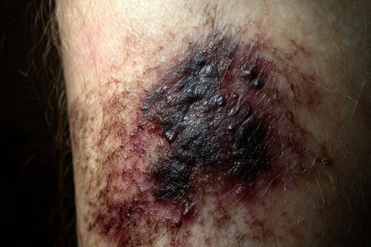 close-up of dark purple bruised and scabbed skin patch with dried blood, surrounding body hair and redness, conveying pain and discomfort
