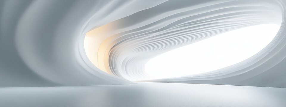 serene futuristic white interior with smooth undulating layered walls forming a light-filled tunnel and a warm glowing opening, minimalist organic architecture