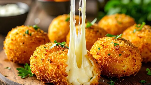 Delicious golden-brown fried cheese balls with melted cheese, served on a wooden board.