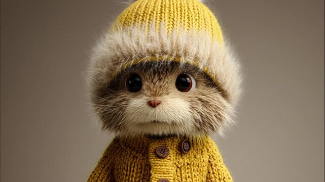 Cute 3D creature in a yellow winter cardigan and pom-pom beanie
