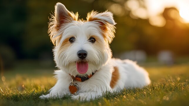 A small dog is laying on the grass with its tongue out
