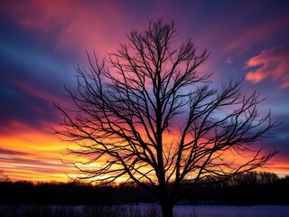 Bare, stark tree silhouetted against a dramatic sunset sky, winter's quiet solitude,  nature,  isolated