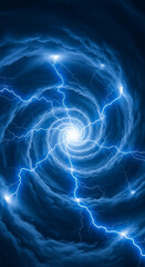 Naklejka premium Dark blue swirl of stormy clouds with bright white lightning bolts, showcasing the power and drama of natural atmospheric phenomenon, representing storm