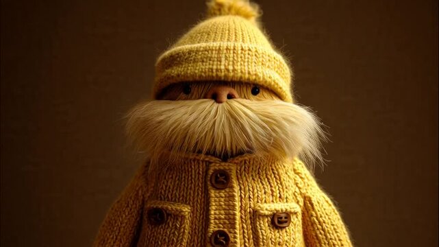 Cute fuzzy creature bundled in warm yellow knitwear against a dark background
