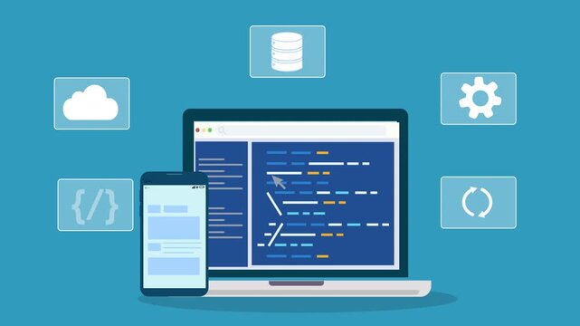 Laptop and smartphone displaying programming interface connected to cloud computing services, representing cross device development, database access, and software engineering workflow.
