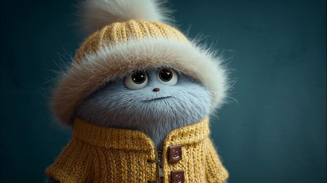 Adorable fuzzy blue character wearing a yellow knitted beanie and sweater