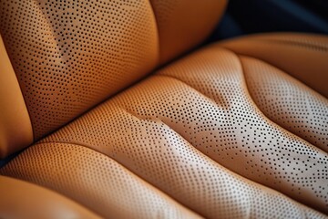 Obraz premium Close-up of perforated tan leather car seat upholstery with quilted stitching and plush inviting texture conveying luxury and comfort