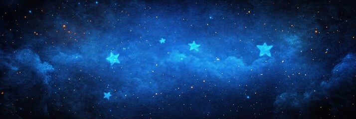 Obraz premium deep blue starry sky with five glowing blue stars, scattered golden specks and soft nebula clouds conveying a dreamy serene cosmic mood