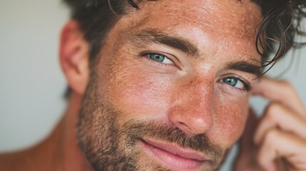 Obraz premium A man with a beard and a green eye is smiling