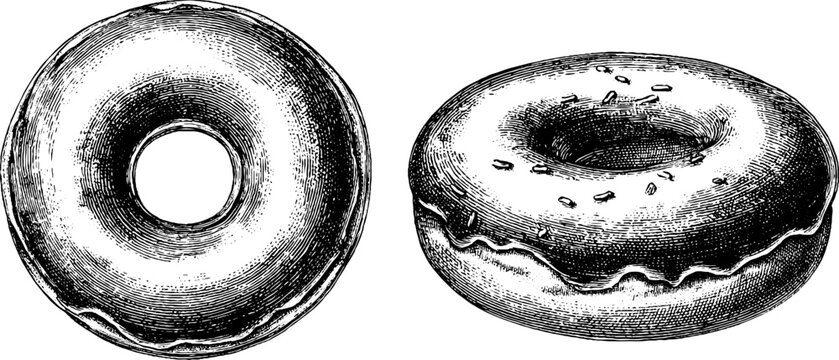 Vintage engraved donut illustration set - hand drawn black bold line art for design