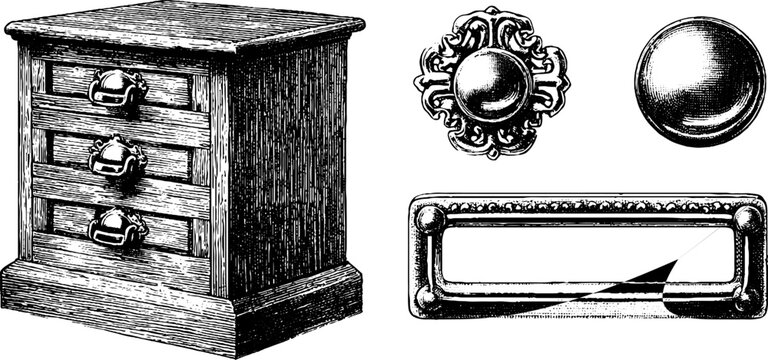 Vintage drawer cabinet and label frame sketch for design and decoration