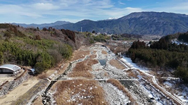 A mountain range with a river running through it. The river is dry and the mountains are covered in snow