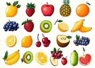 Bright hand-drawn assortment of lemons, strawberries, apples, pineapples, oranges, purple and red grapes, kiwis, bananas, cherries, pears, guava and watermelon slices, cheerful and fresh