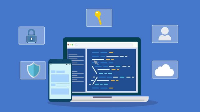 Laptop and smartphone showing coding interface connected to cloud security system, representing secure access, authentication, data protection, and software development workflow.
