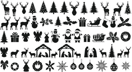 Christmas silhouette vector set with Santa Claus reindeer and nativity scene, holiday icons collection isolated on white background for seasonal, © Sabbir's World