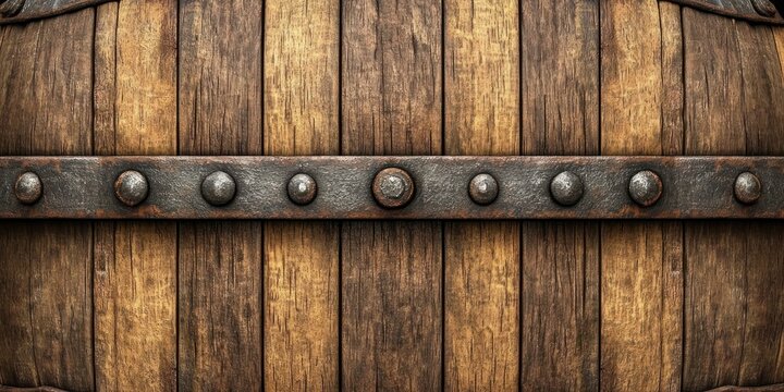 Close-up of aged wooden barrel staves with rusted metal band and rivets, warm rustic texture and sturdy vintage feel