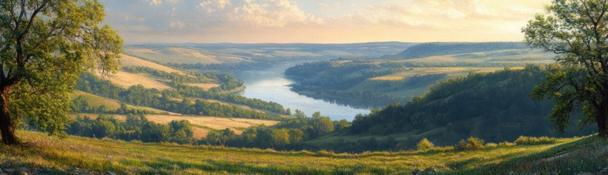 sunlit river winding through rolling green hills and flowering meadow framed by trees at golden hour, tranquil expansive countryside panorama