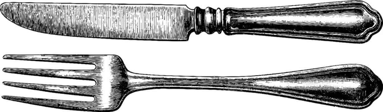 Vintage engraved knife and fork set illustration for culinary design projects